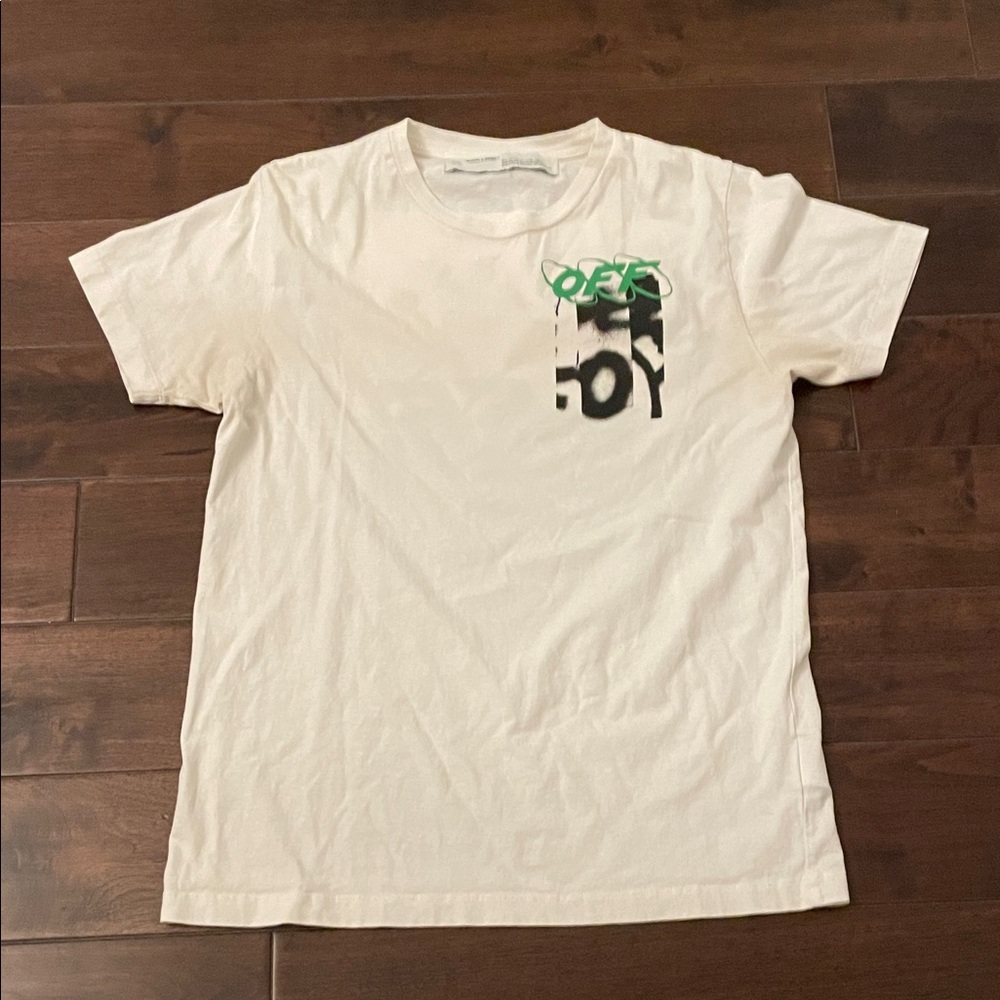Off-White White Short Sleeve Tee with Black and Green Print